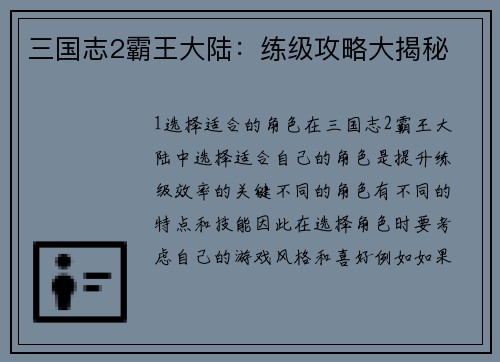 三国志2霸王大陆：练级攻略大揭秘