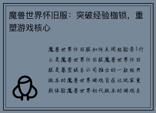 魔兽世界怀旧服：突破经验枷锁，重塑游戏核心