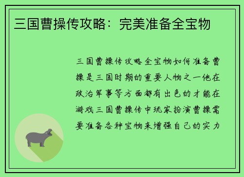 三国曹操传攻略：完美准备全宝物